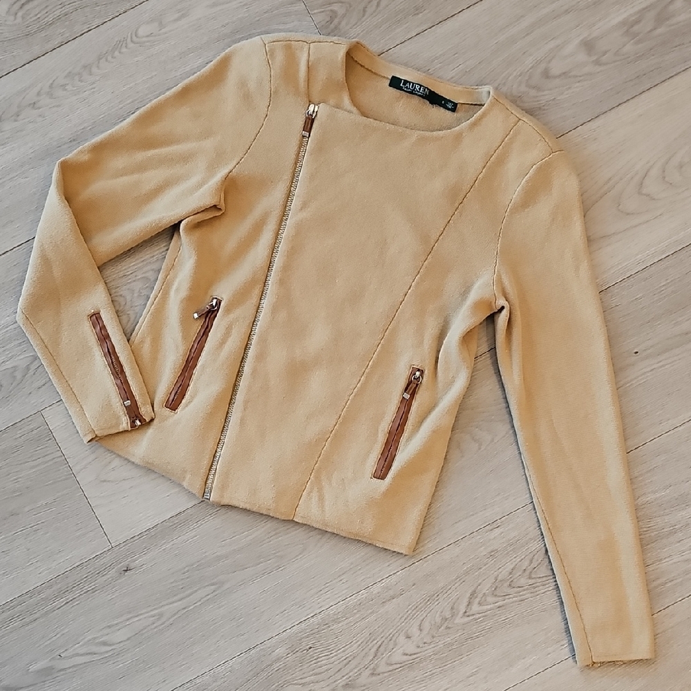 Lauren Ralph Lauren‎ Angle Zip Jacket Faux Leather Detailing, Small